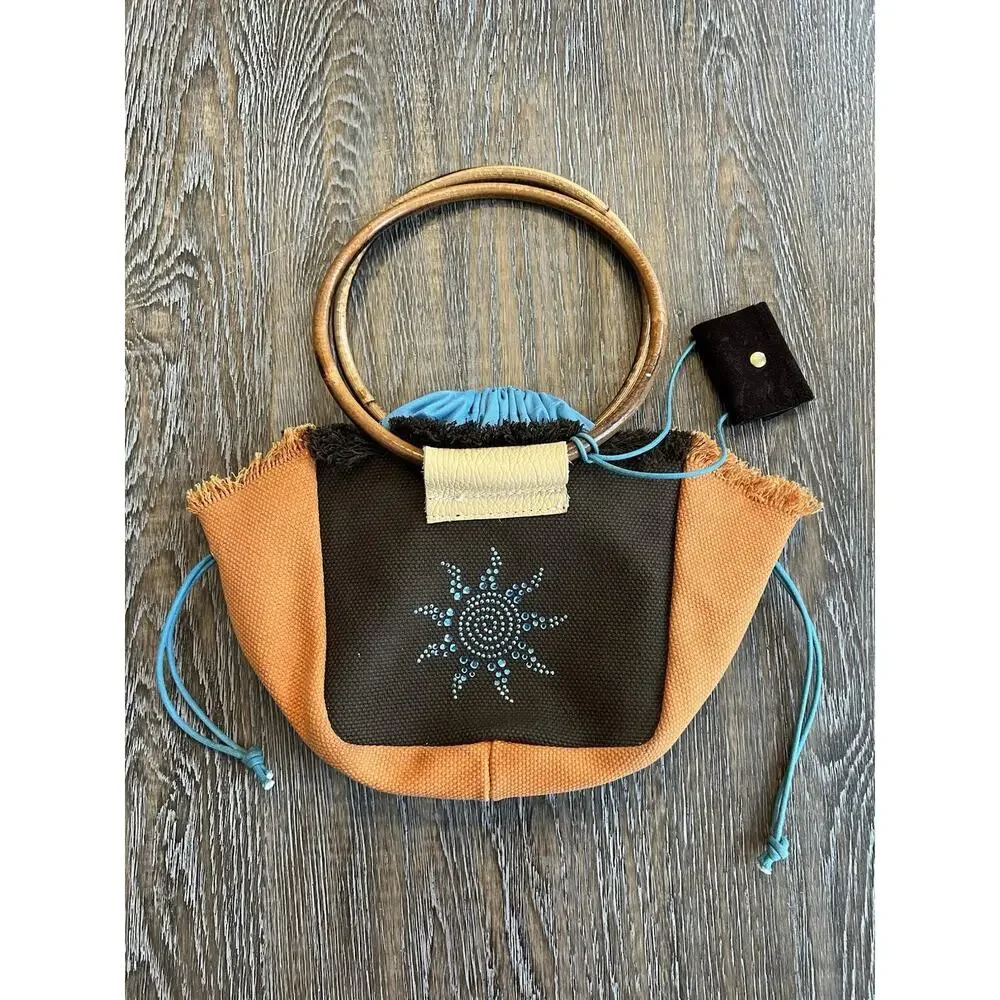 Vintage Canvas Handbag Purse Bag with Wooden Handles Rhinestones Orange Brown